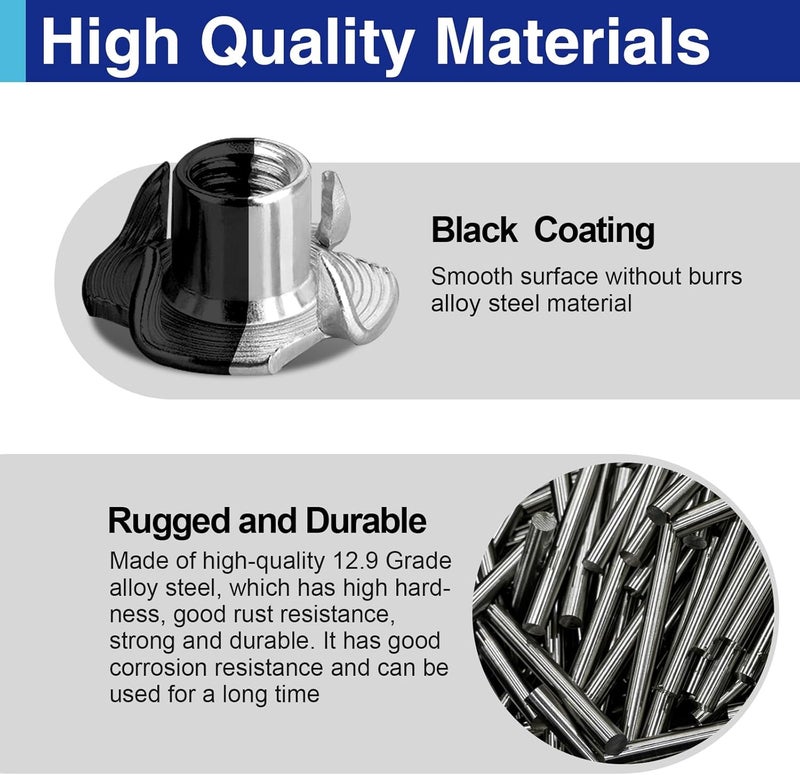 Usdrwam 50 Pack 5/16"-18 T Nuts for Wood, Black Carbon Steel 4-Prong Tee Nuts for Furniture, Cabinets, and Rock Climbing Holds - Image 5